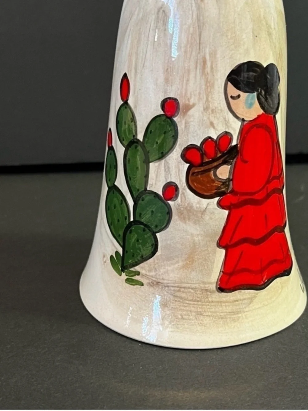 Southwest Mexican Pottery Hand Painted Wind Chime Bell Ornament Cactus Signed